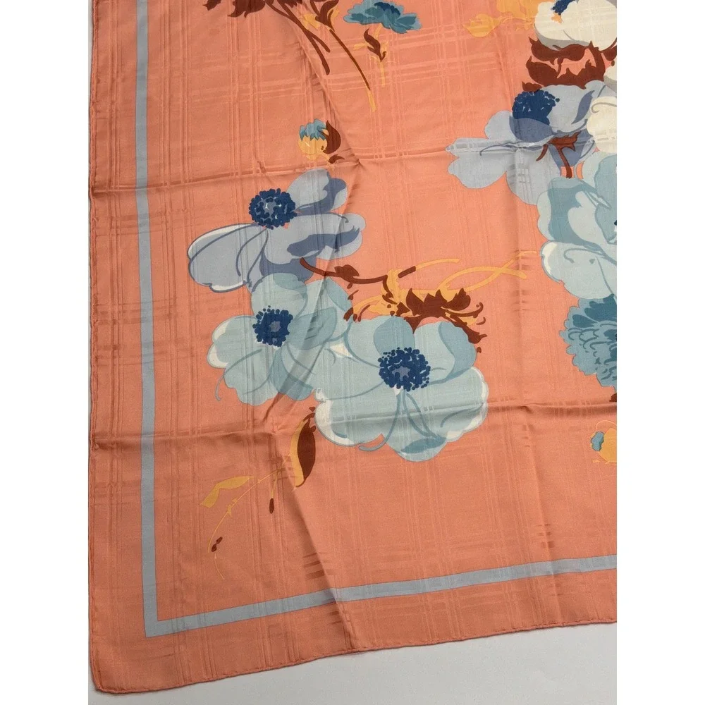 Christian Dior Vintage Silk Scarf Coral Pink Blue Floral Plaid‎ Jacquard 30x30